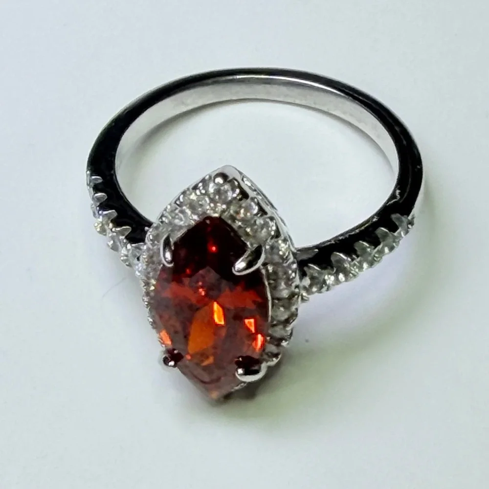 Marquise Cut Red Gemstone Halo Ring Silver Tone Pavé Band Statement Jewelry